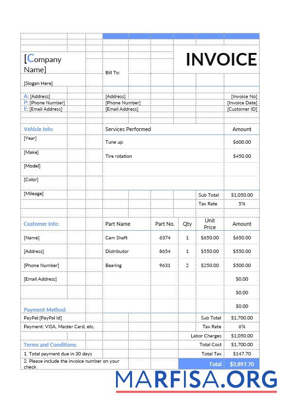 Printable Auto Repair Estimate Invoice Template